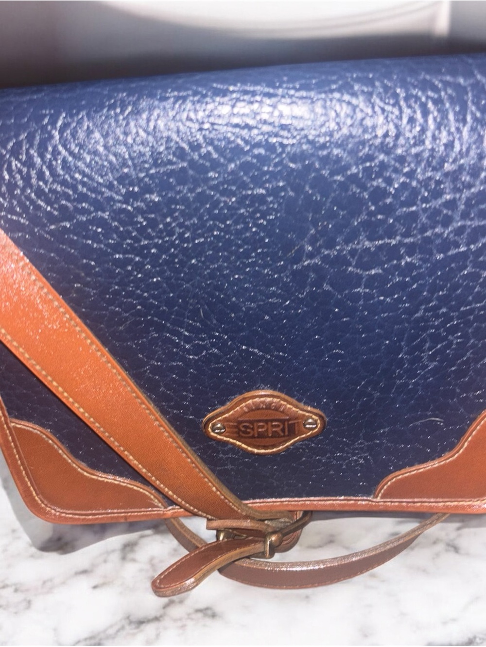 Vintage wonderful condition Esprit Navy and Brown Leather Messenger Bag